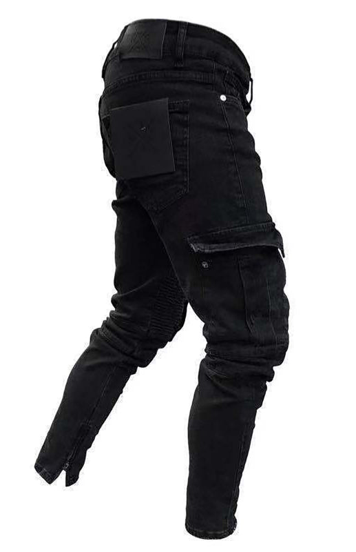 Men's Streetwear Classic Wash Distressed Mid Waist Black Slim Cargo Jeans