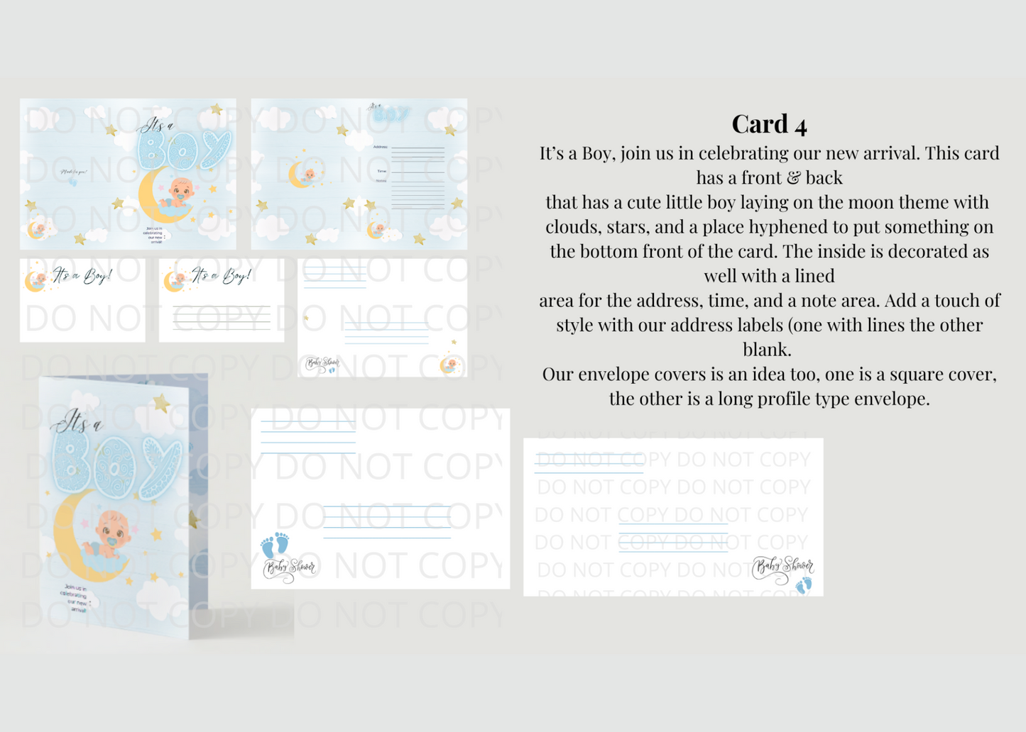 DIY Blue Baby Shower Cards "It's a Boy" 4 Card Complete Set in PDF, PNG, JPG, SVG