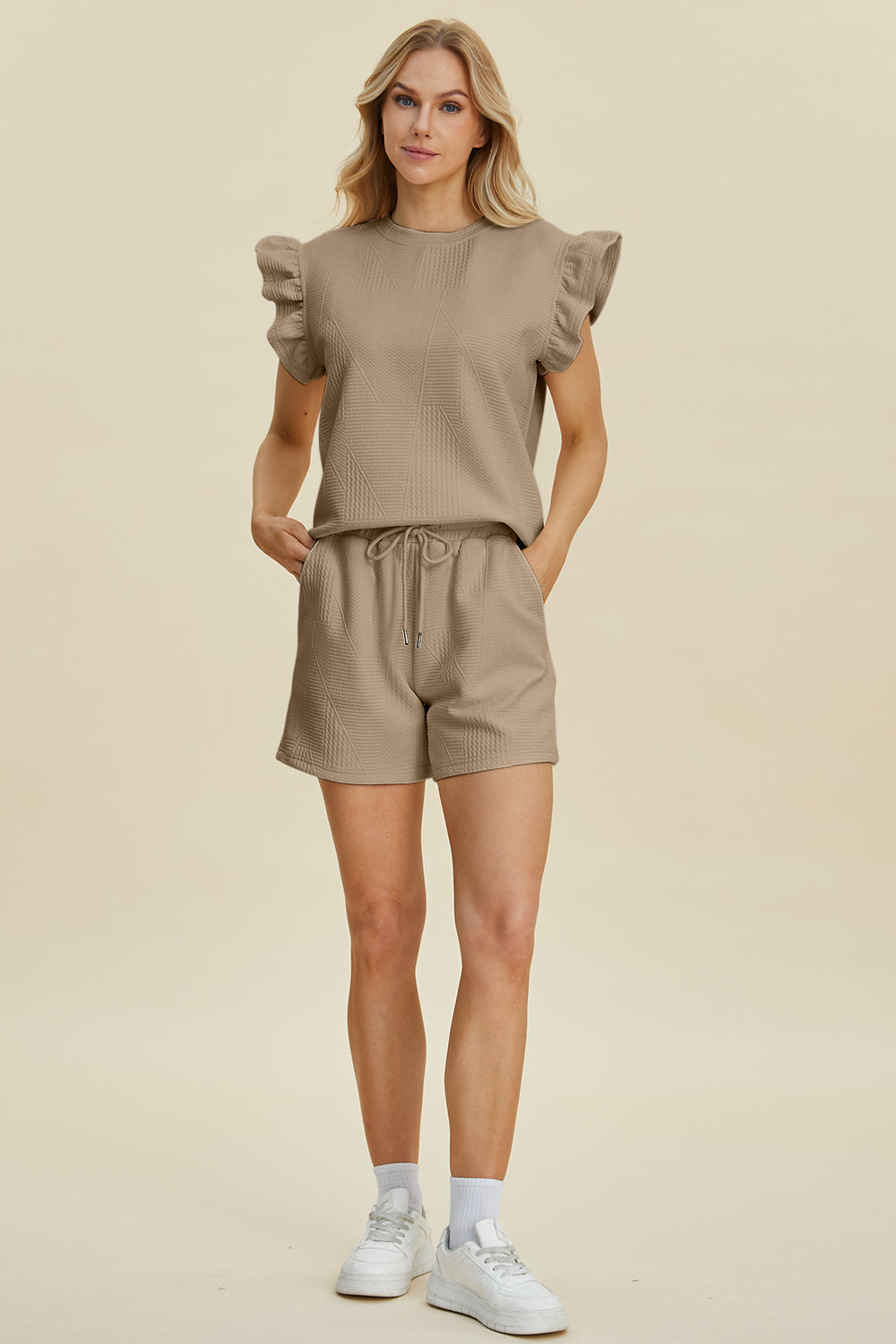 Double Take Full Size Texture Round Neck Ruffle Sleeve Top and Shorts Set