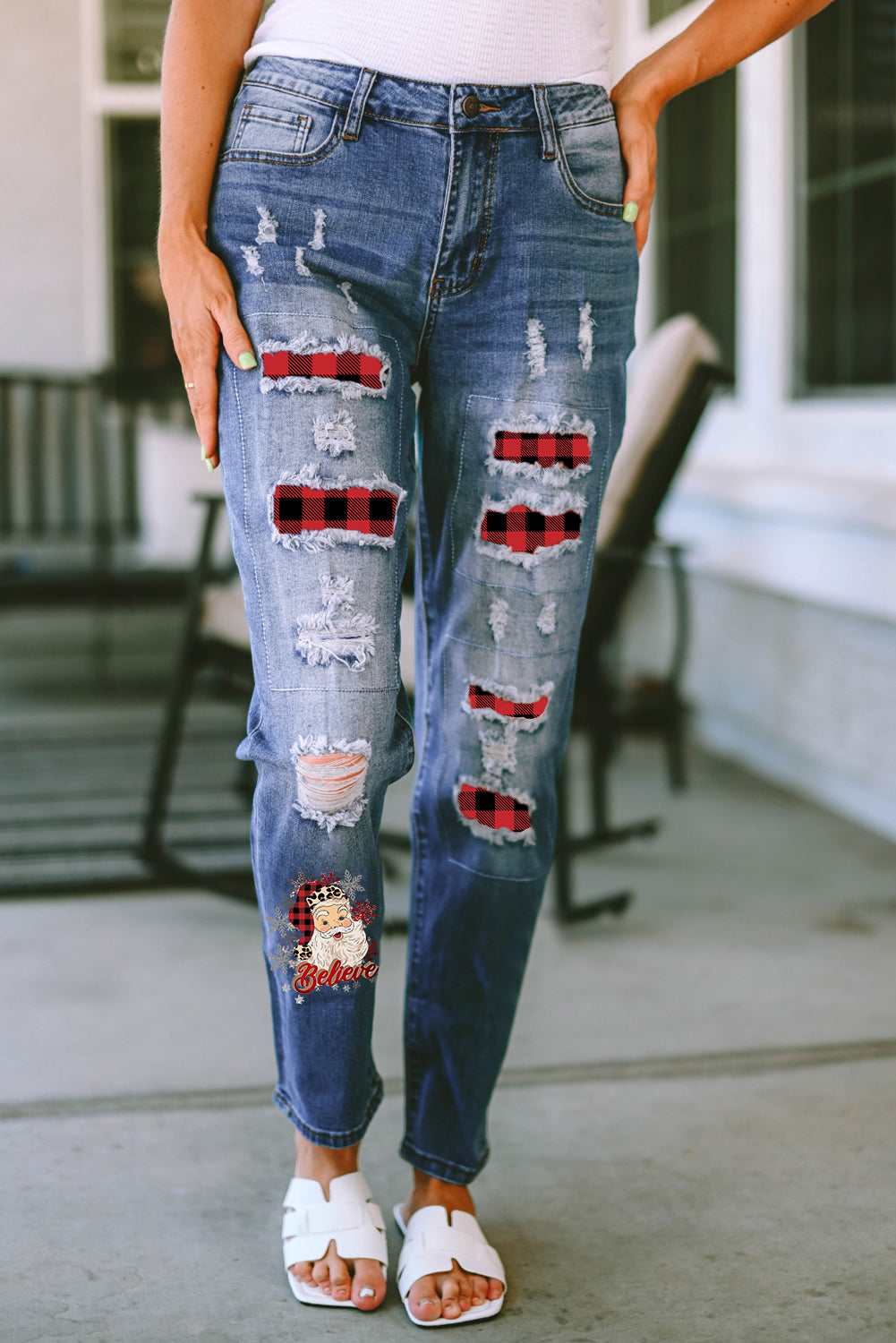 Summer Anastacia Plaid Distressed Jeans with Pockets