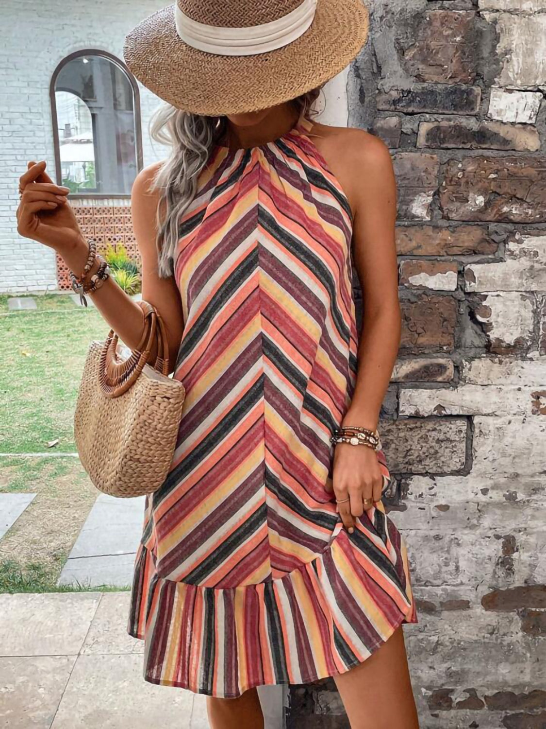 Striped Grecian Neck Mini Dress