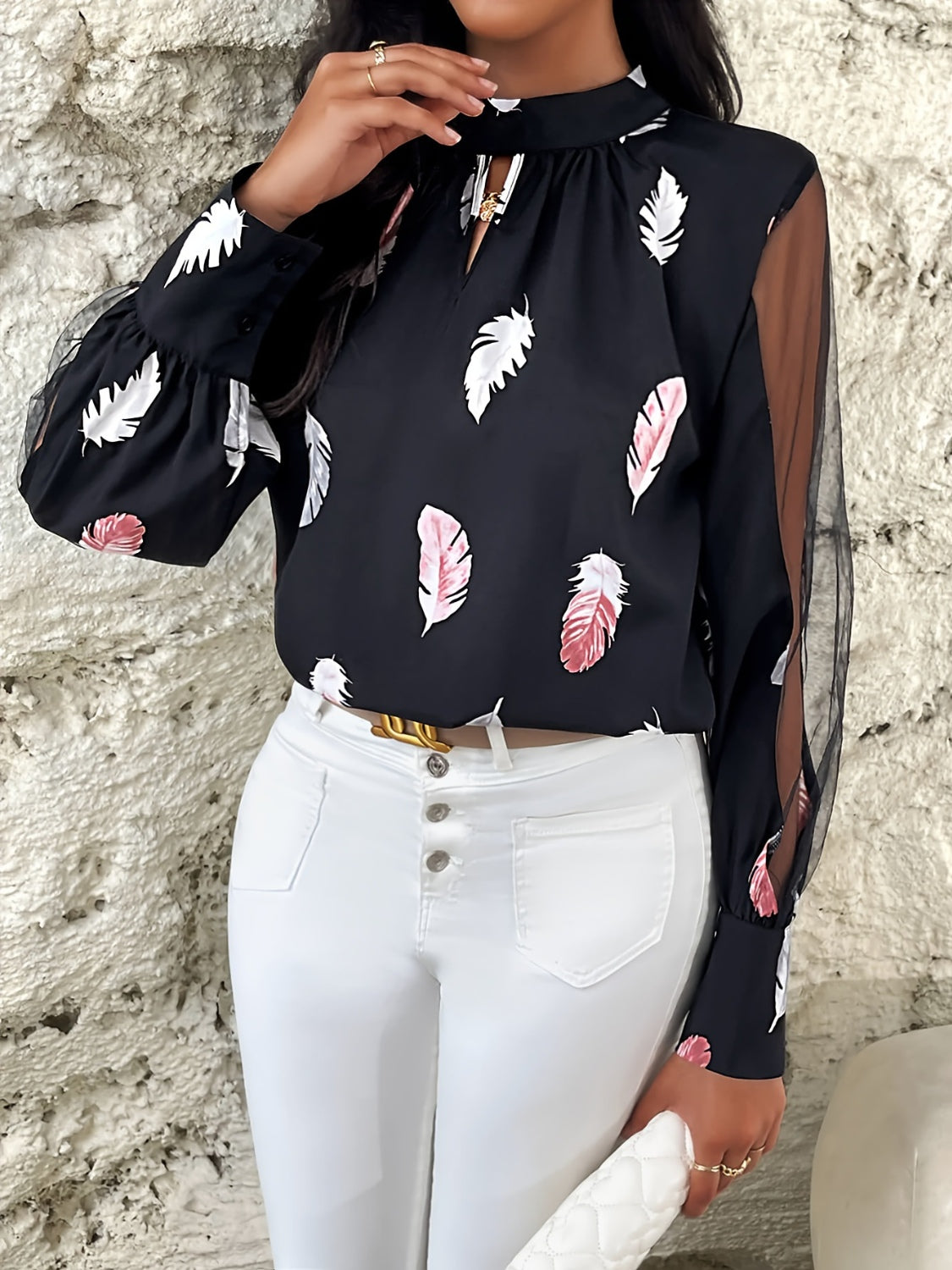 Feather Print Mock Neck Long Sleeve Blouse