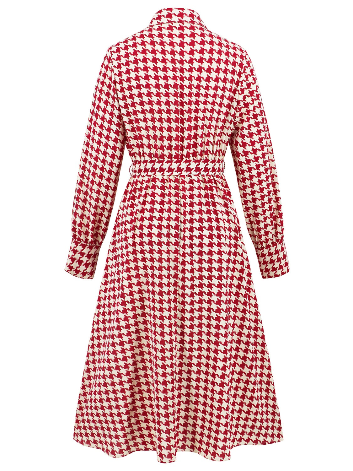 Tied Houndstooth Long Sleeve Midi Dress