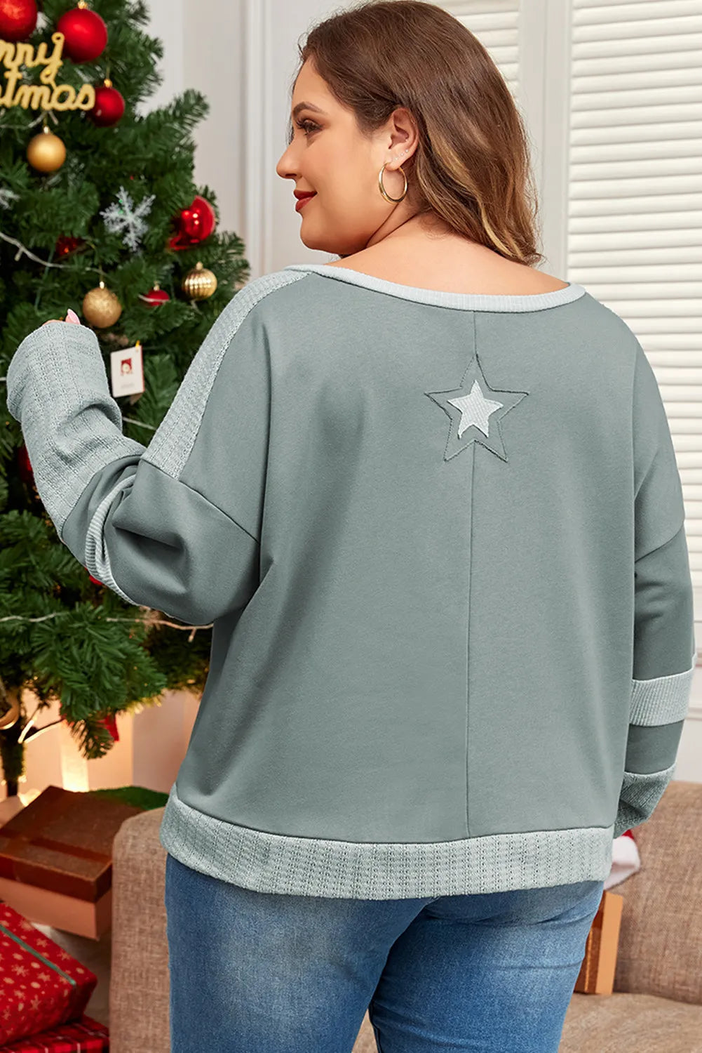 Plus Size Star Round Neck Long Sleeve Top