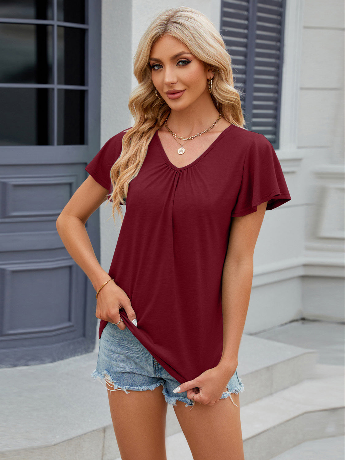 Full Size Ruched V-Neck Short Sleeve T-Shirt