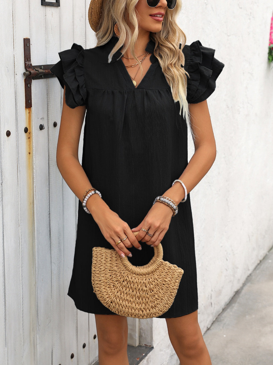 Ruffled Notched Cap Sleeve Mini Dress