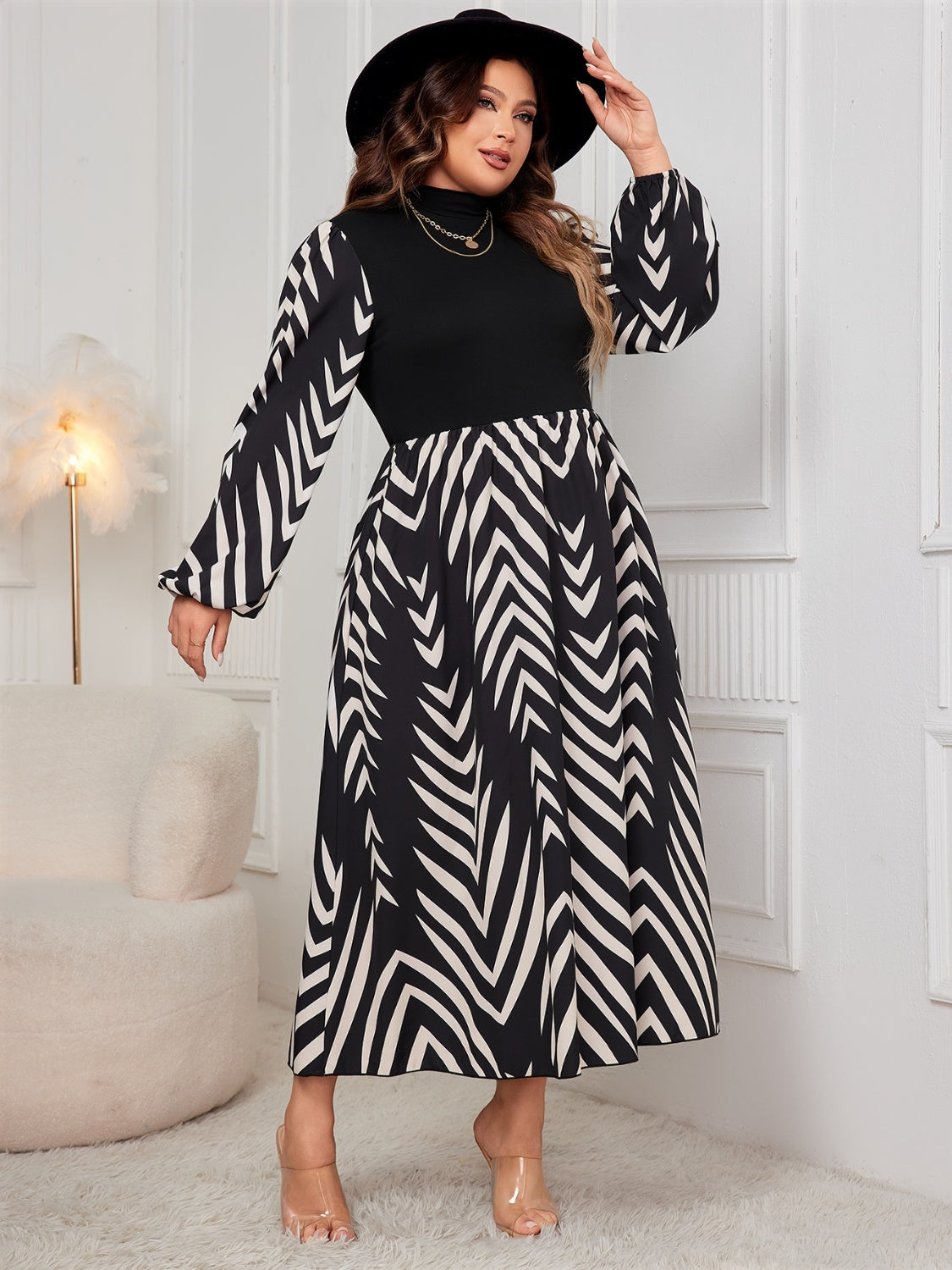 Plus Size Printed Mock Neck Long Sleeve Black Midi Dress