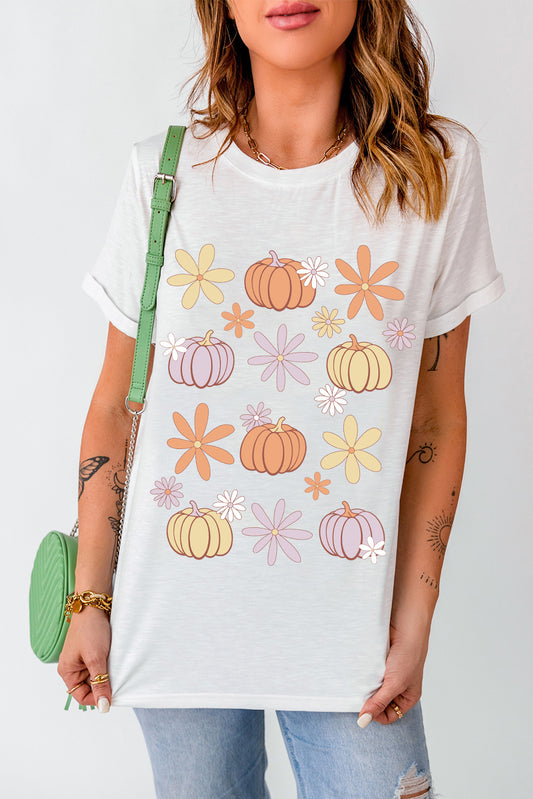 Pumpkin & Flower Round Neck Short Sleeve T-Shirt