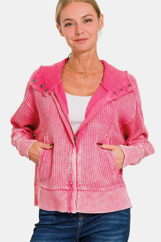 Zenana Washed Zip Up Hooded Fuchsia Jacket