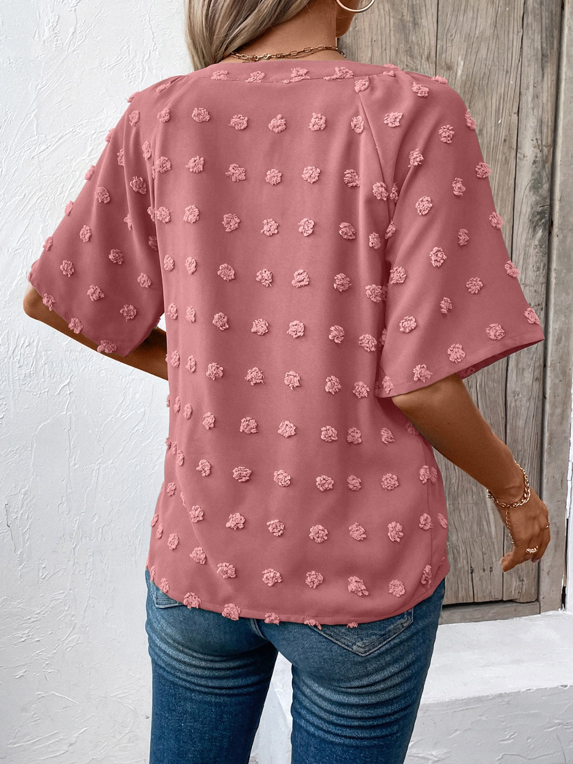 Swiss Dot Notched Half Sleeve Blouse