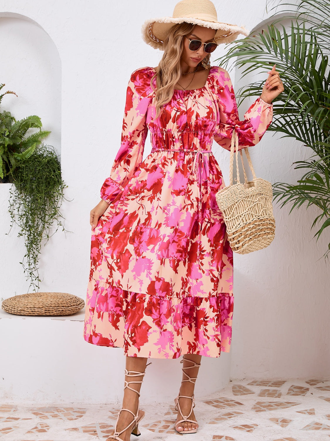 Full Size Printed Long Sleeve Midi Dress