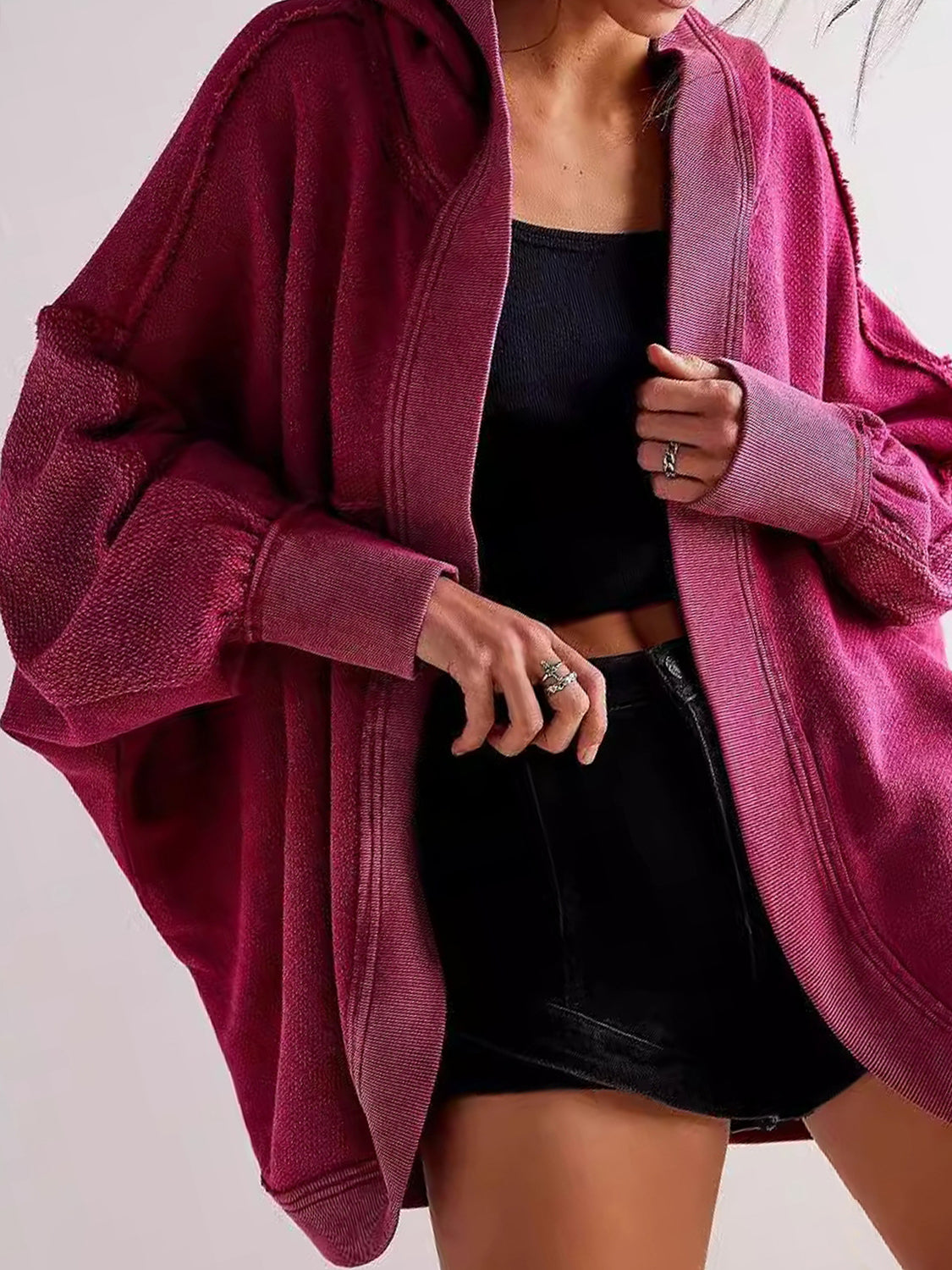 Exposed Seam Open Front Batwing Sleeve Hooded Cardigan