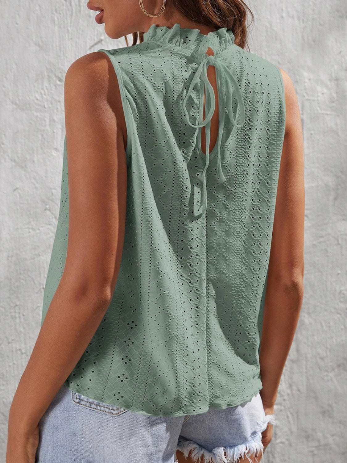 Tied Eyelet Mock Neck Tank