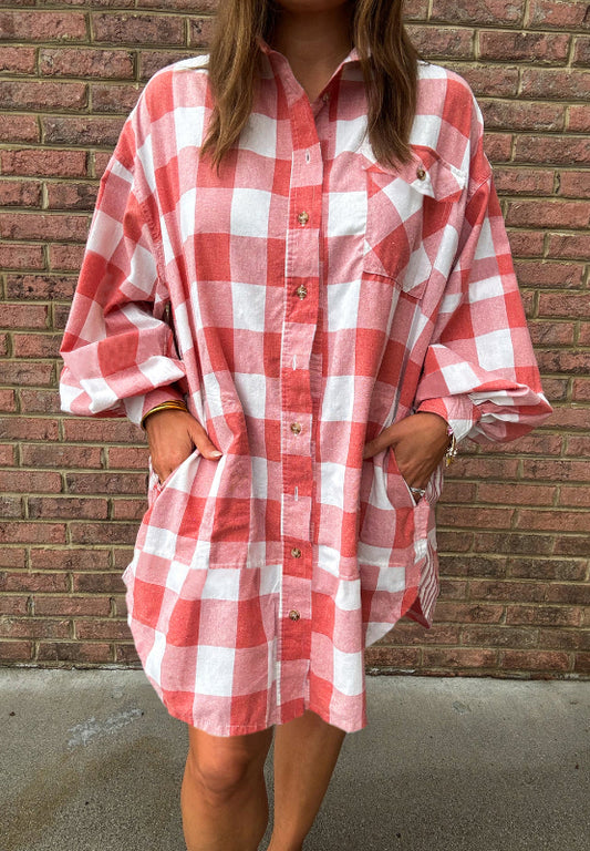 Plaid Collared Neck Long Sleeve Shirt Dress