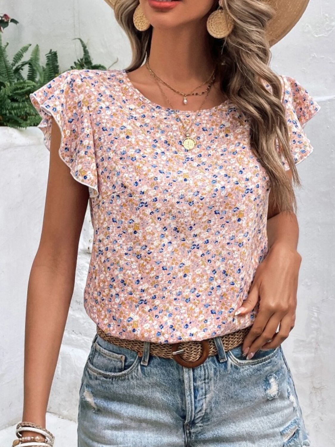 Full Size Ditsy Floral Round Neck Cap Sleeve Top