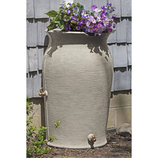 Grey Sandstone 50-Gallon Plastic Urn Rain Barrel with Planter Top