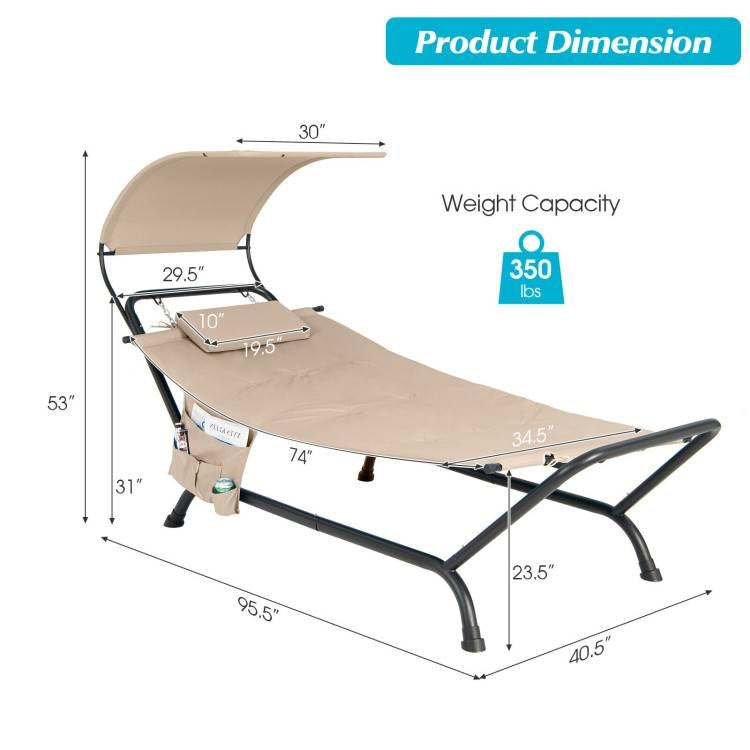 Outdoor Tan Hammock Style Chaise Lounge Chair Cot with Canopy and Storage Bag