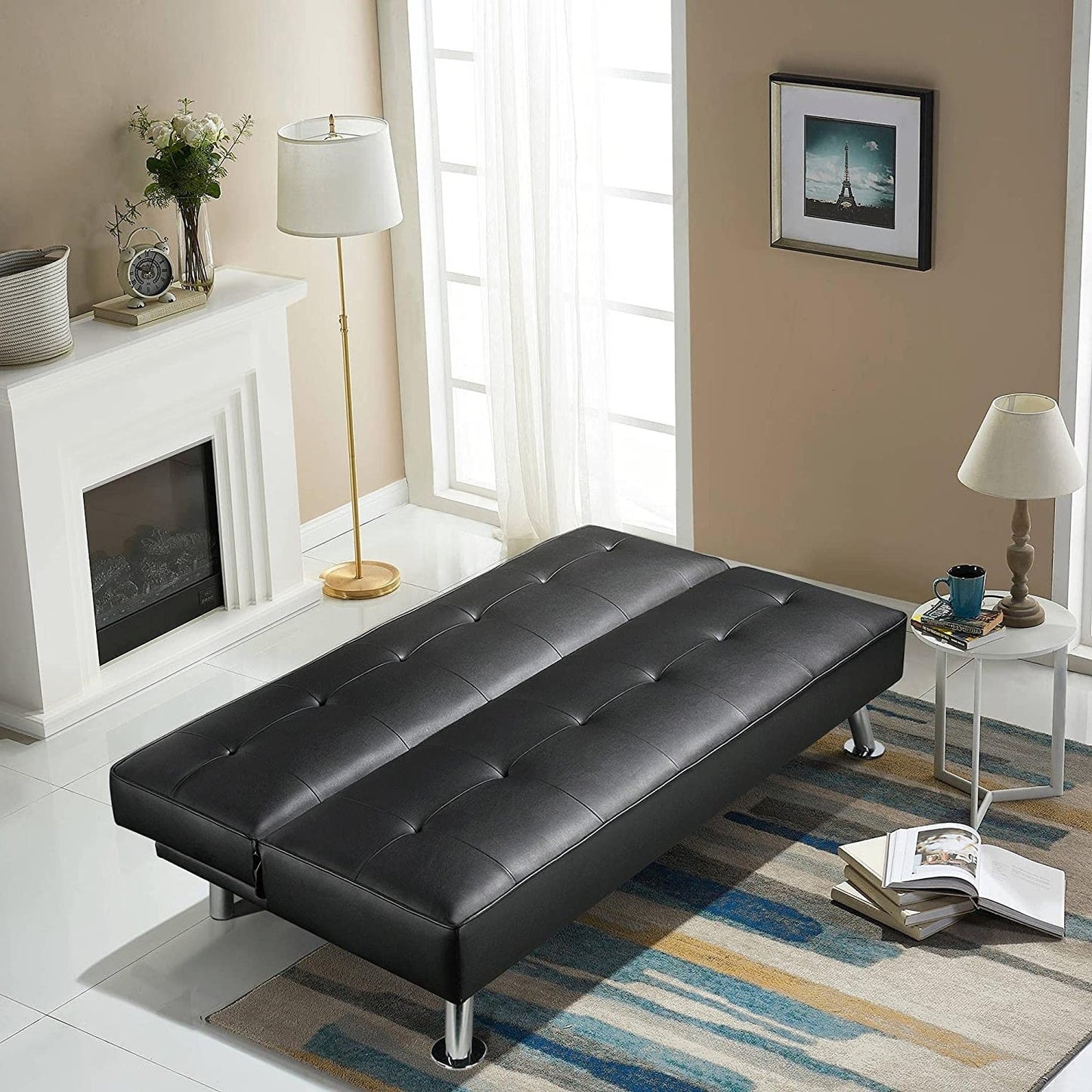 Black Faux Leather Click Clack Adjustable Futon Sleeper Sofa