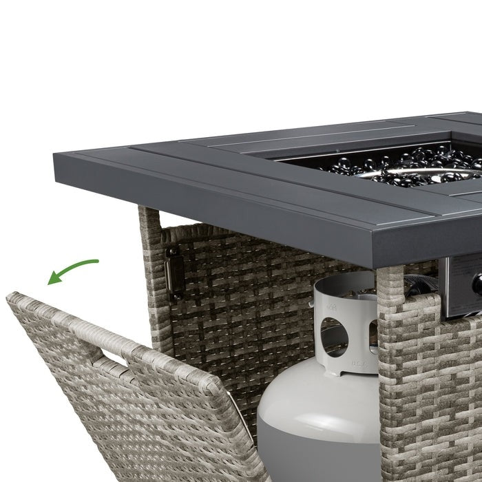 50,000 BTU Grey Wicker LP Gas Propane Fire Pit w/ Faux Wood Tabletop and Cover