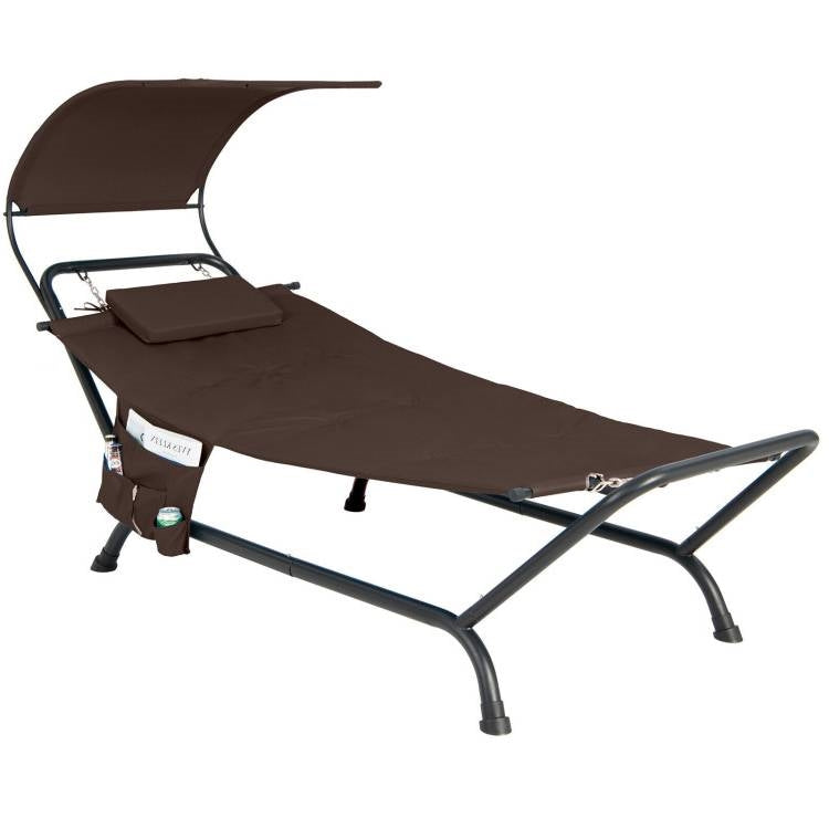 Brown Outdoor Hammock Style Chaise Lounge Chair Cot with Canopy and Storage Bag