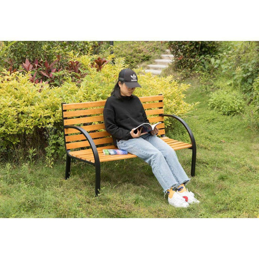 Outdoor Black Metal Frame Garden Bench with Wood Slats and Curved Armrests