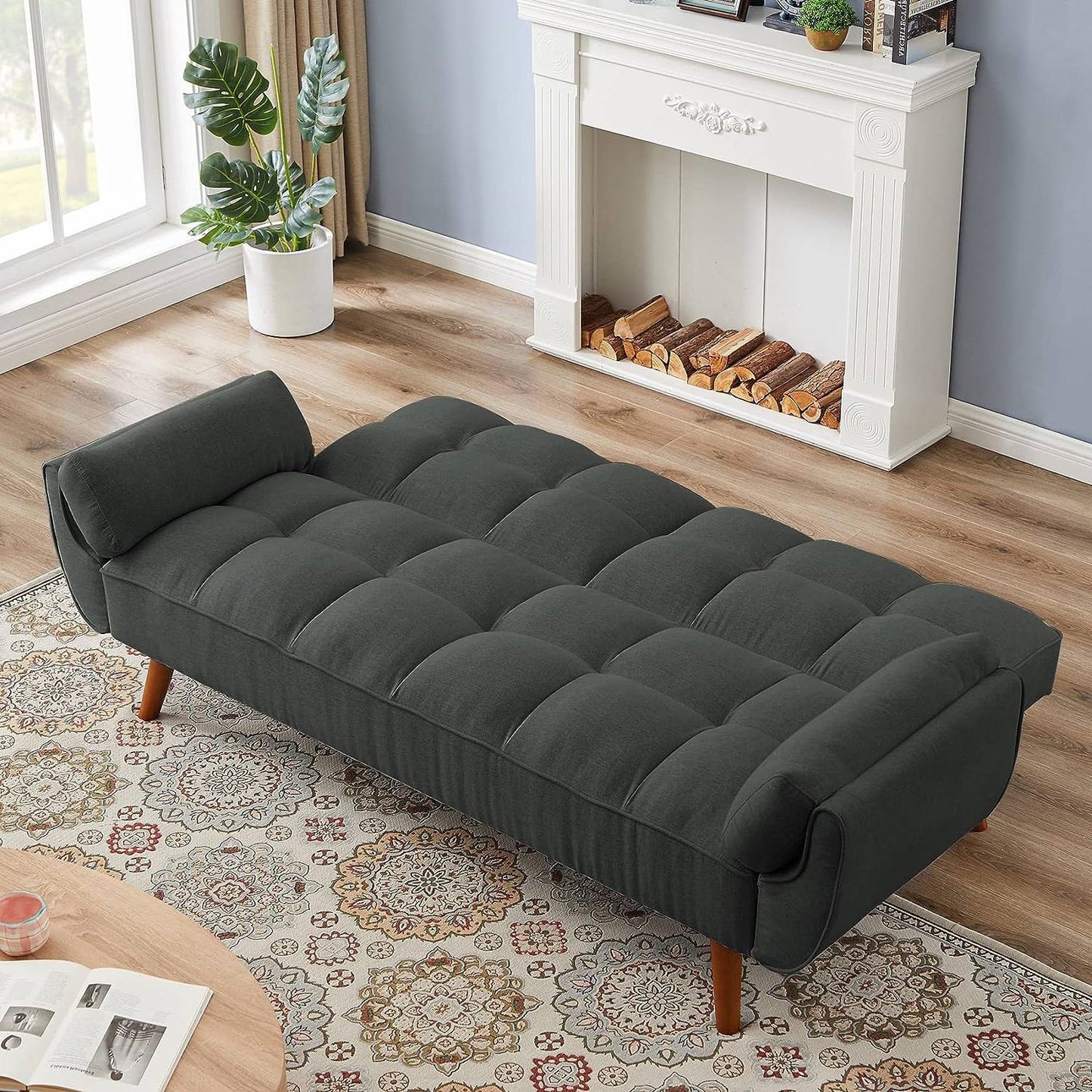 Mid-Century Modern Sofa Bed in Dark Grey Linen Polyester Tufted Upholstery