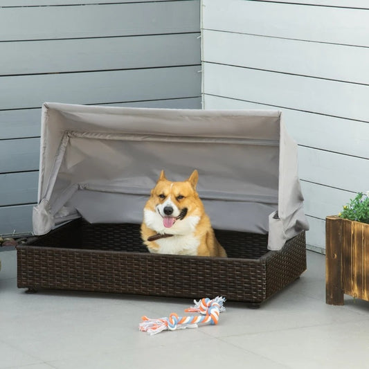 Espresso Wicker Foldable Canopy Raised Dog Bed House with 2 in Thick Cushion