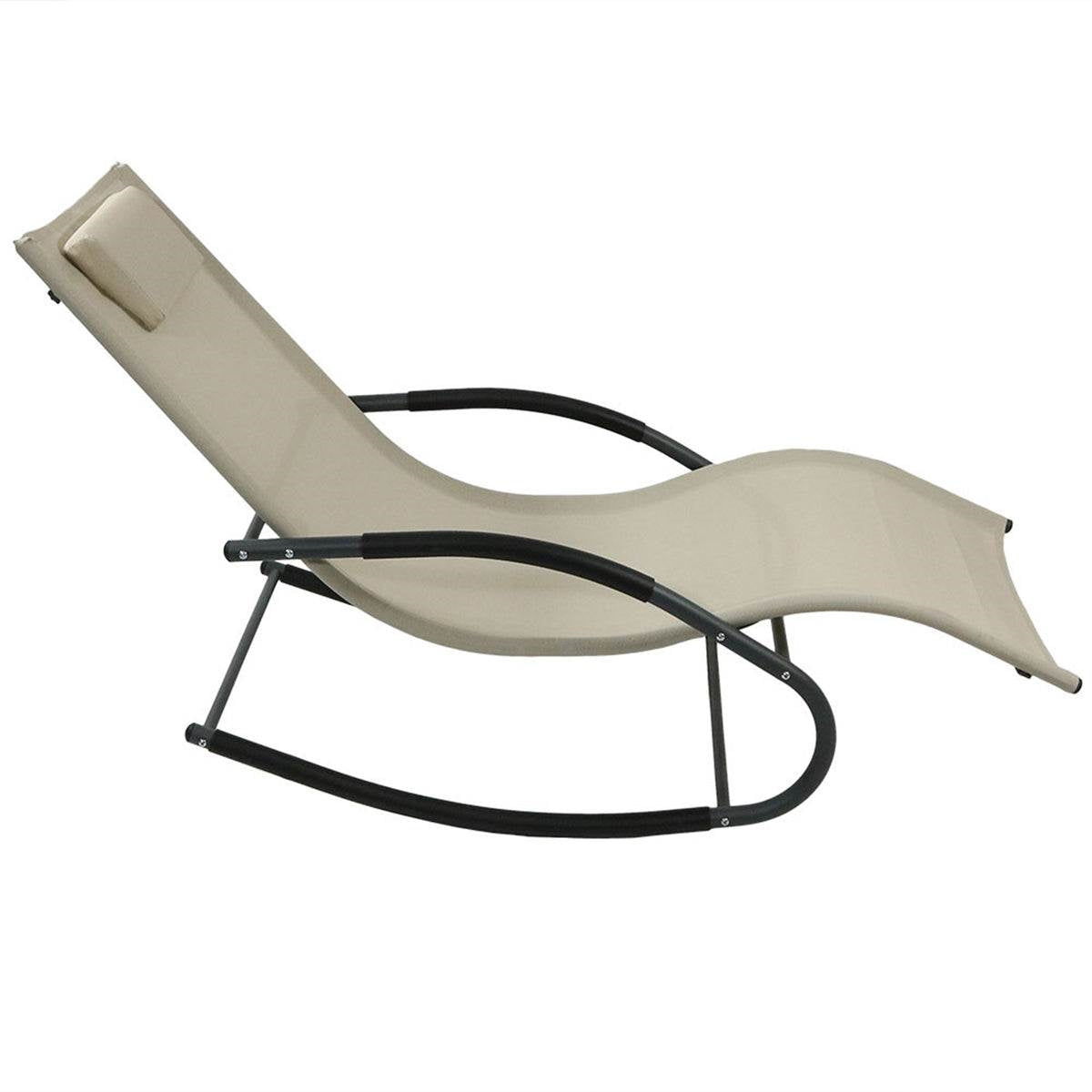 Set of 2 Beige Rocking Chaise Lounger Patio Lounge Chair with Pillow