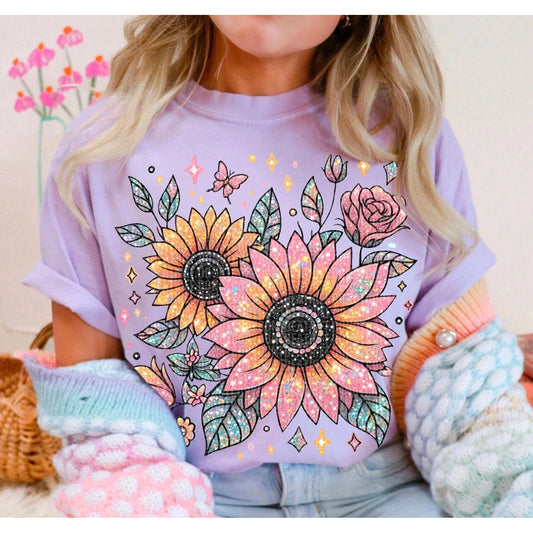 Full Size Faux Glitter Sequin Sunflower GRAPHIC TEE