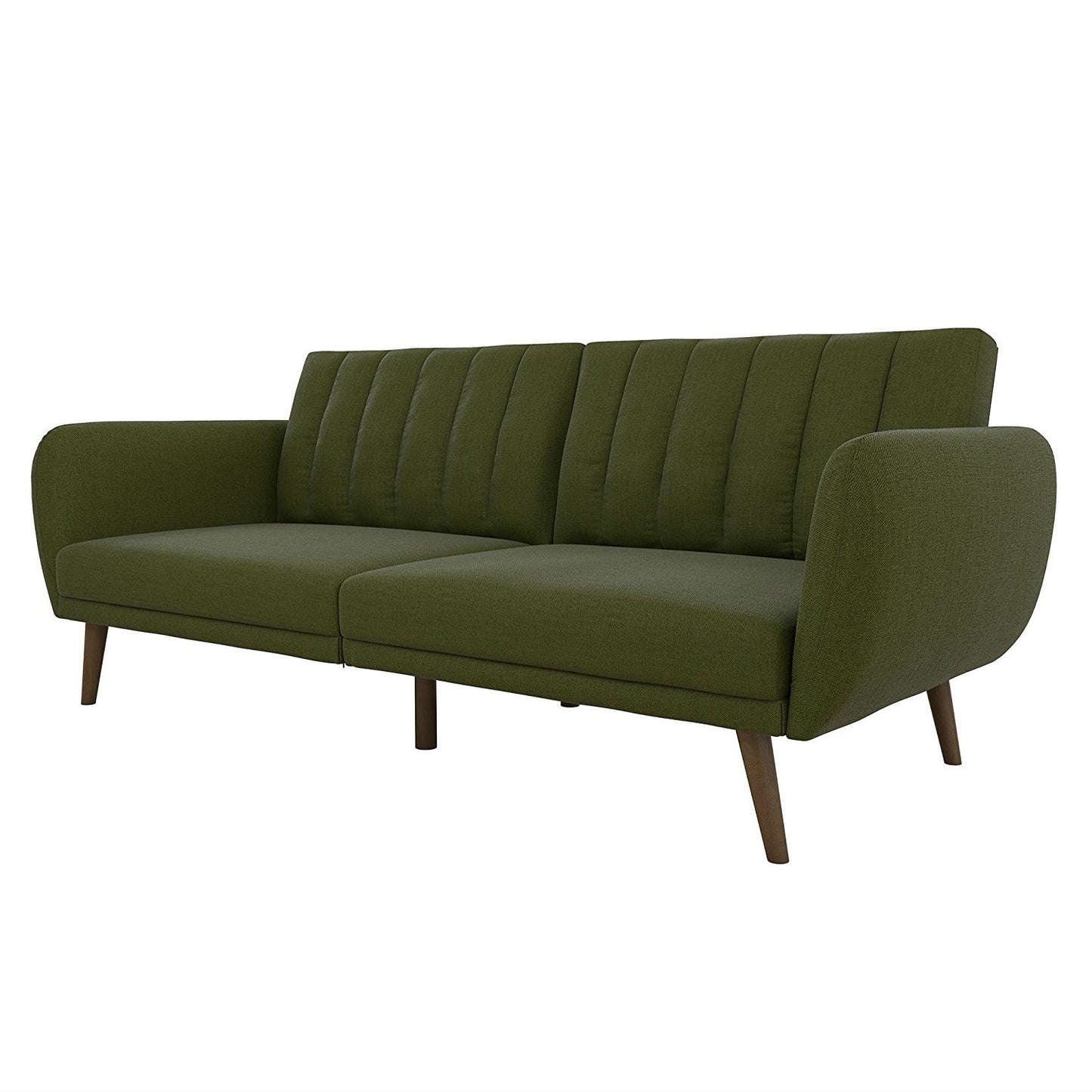 Green Linen Upholstered Futon Sofa Bed with Mid-Century Style Wooden Legs