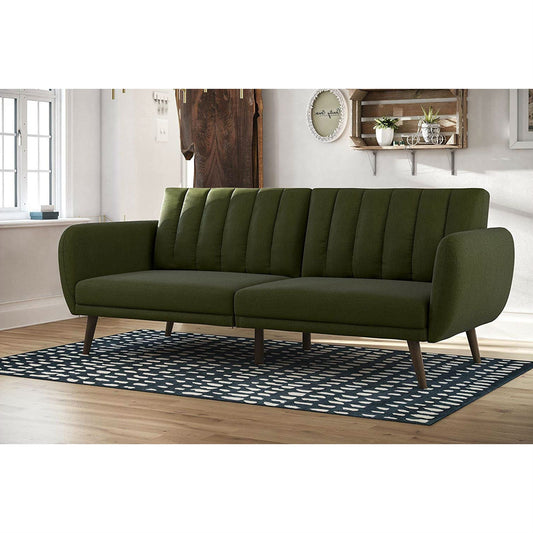 Green Linen Upholstered Futon Sofa Bed with Mid-Century Style Wooden Legs