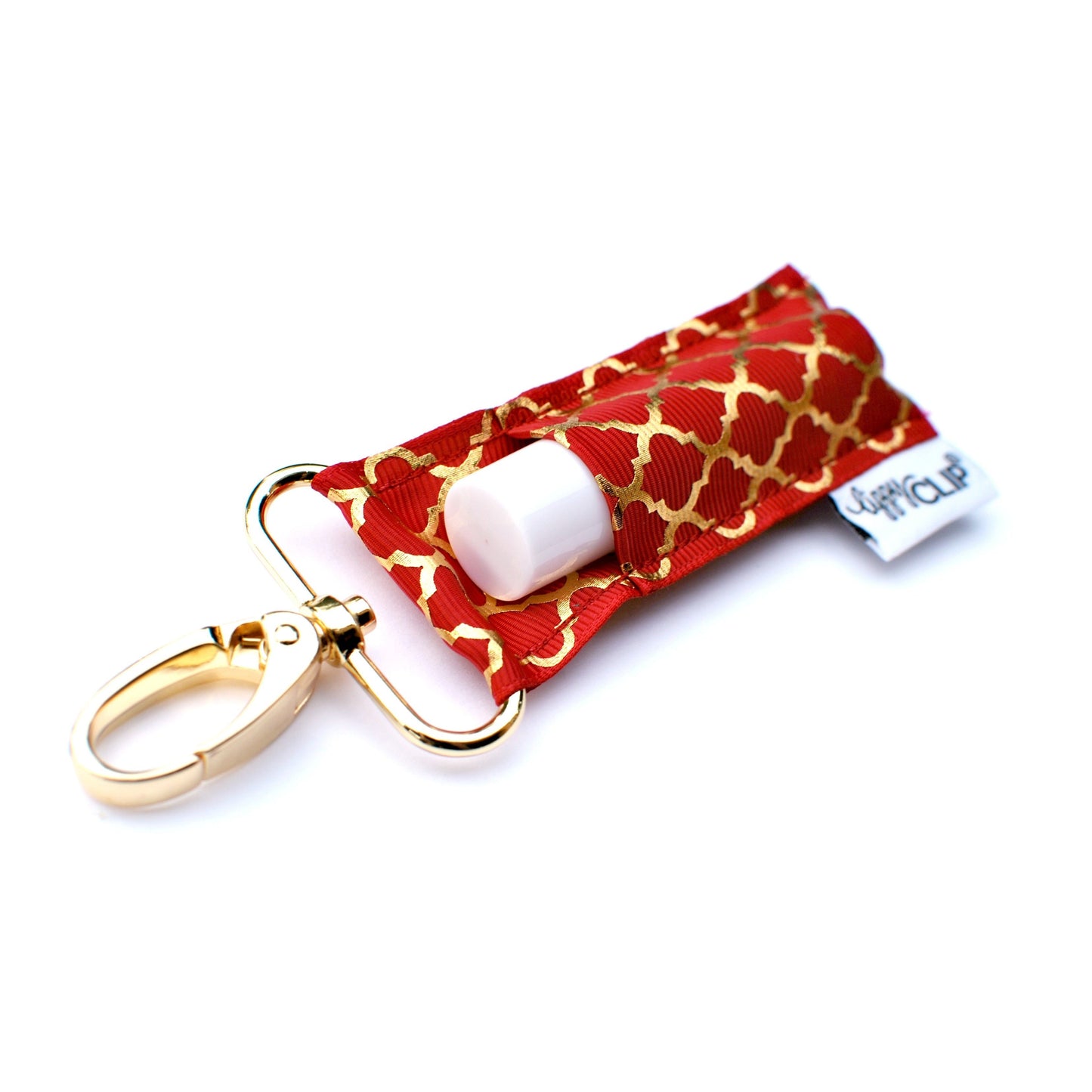 Gold Quatrefoil on Cranberry LippyClip® Lip Balm Holder