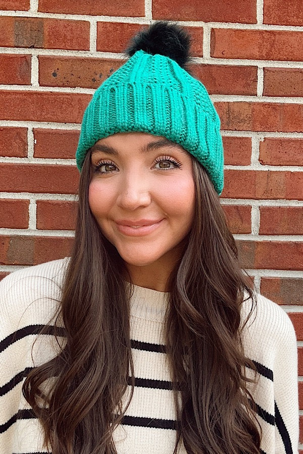 Green Satin Lined Pom Beanie