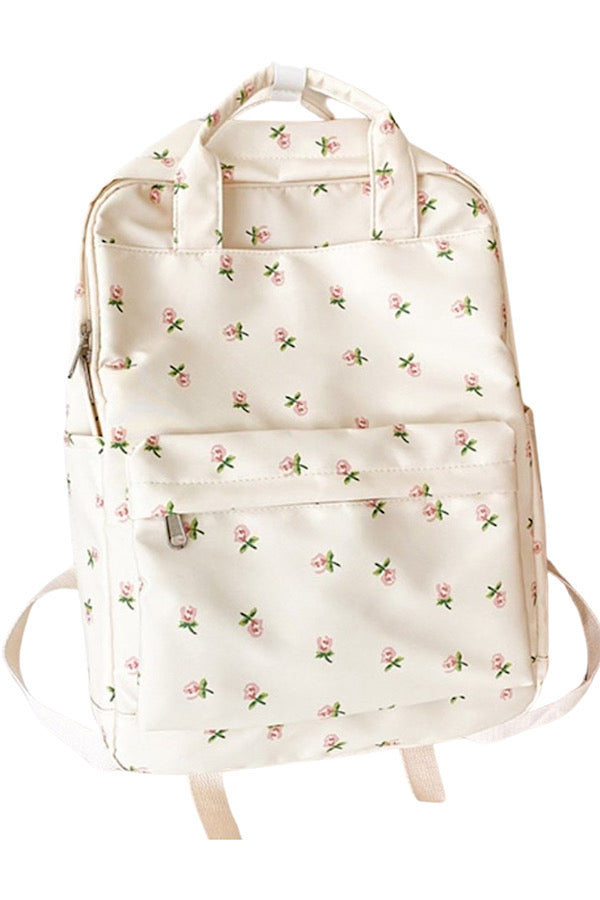 Cream Rose Print Canvas Backpack