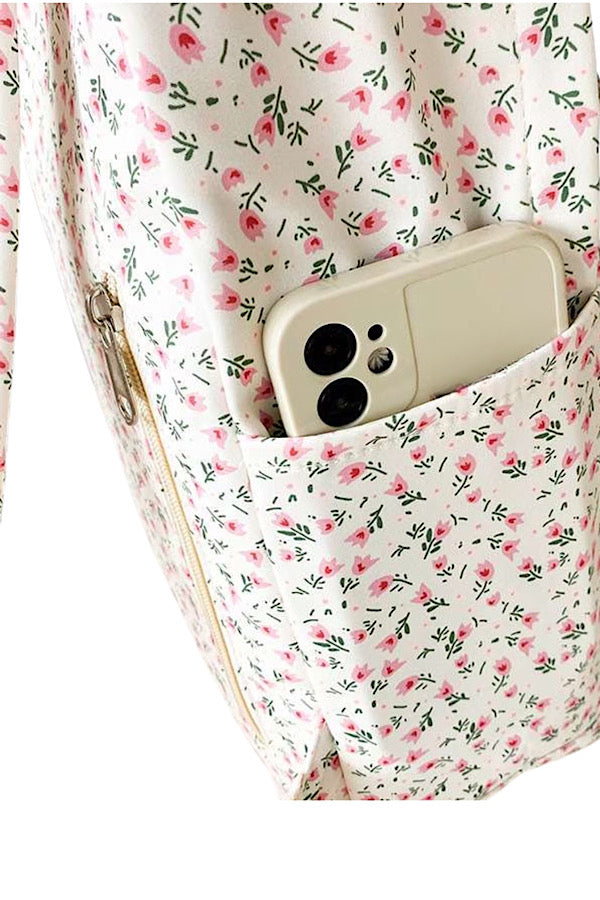 Cream Rose Print Canvas Backpack