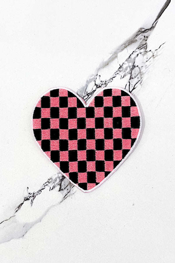 Pink Black Check Heart Embroidered Patch