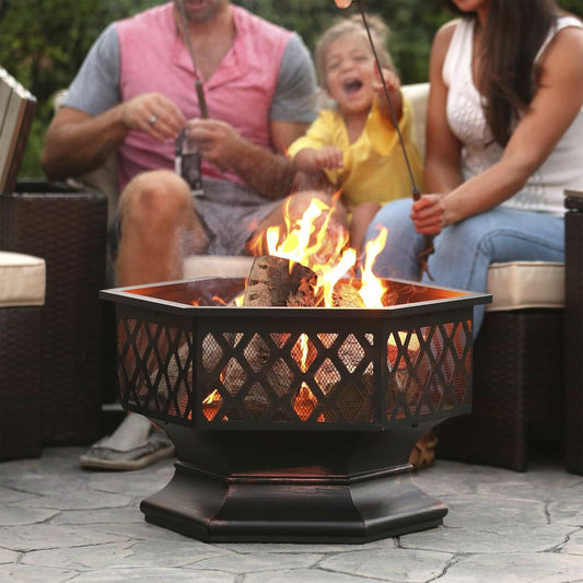 Beautiful Hex Shaped 24 Inch Steel Distressed Bronze Lattice Design Fire Pit With Cover