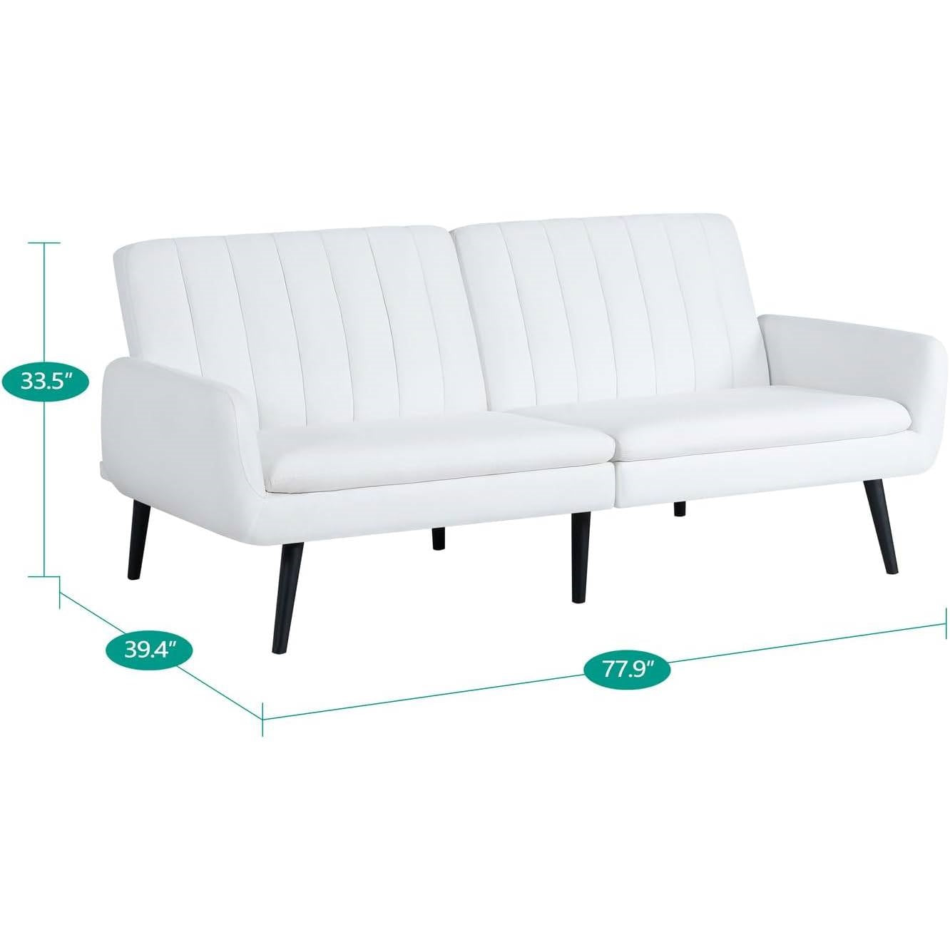 Modern Mid-Century Futon Sleeper Sofa Bed in White Linen Fabric