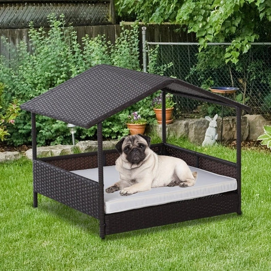 Espresso Wicker Weather Resistant Raised Dog Bed House with 2 in Thick Cushion