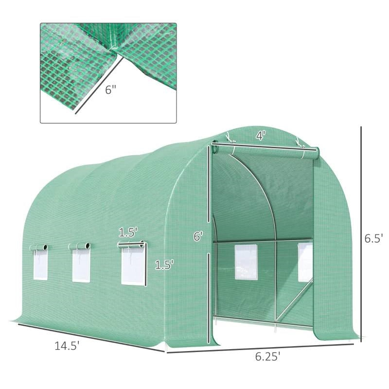 14.5 ft x 6.3 ft Outdoor Greenhouse with Green PE Cover and Sturdy Steel Frame