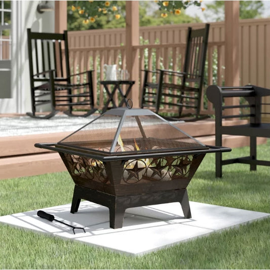 Rustic Star Square Outdoor Steel Wood Burning Fire Pit with Star Design