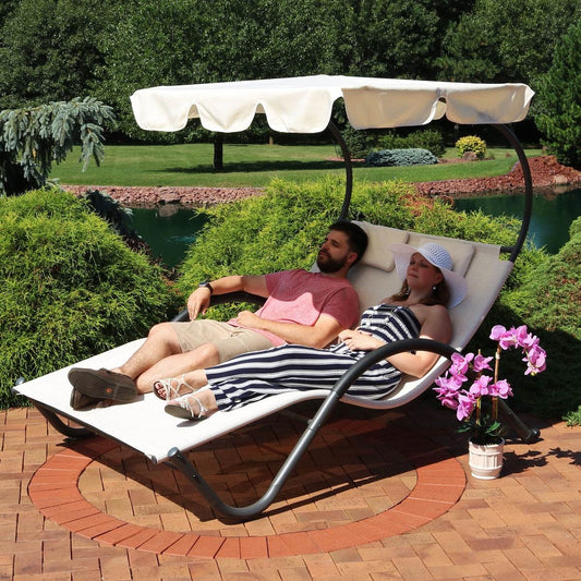 2 Person Off White Outdoor Patio Chaise Lounger Chair Canopy Bed with Pillows