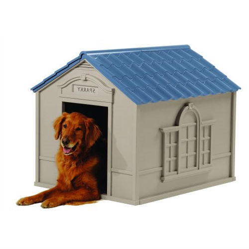Outdoor Dog House in Taupe and Blue Roof Durable Resin - For Dogs up to 100 lbs.