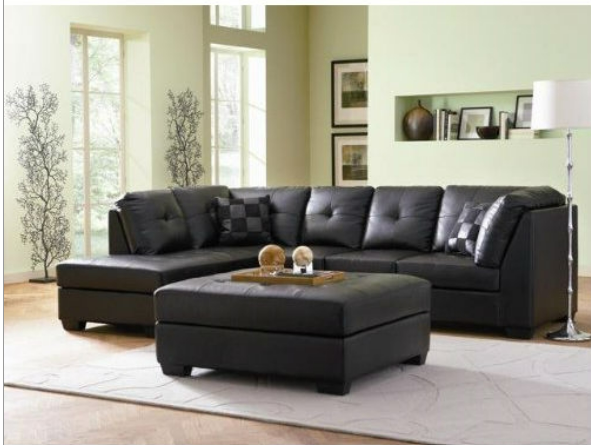 Black Bonded Leather Sectional Sofa with Left Side Chaise