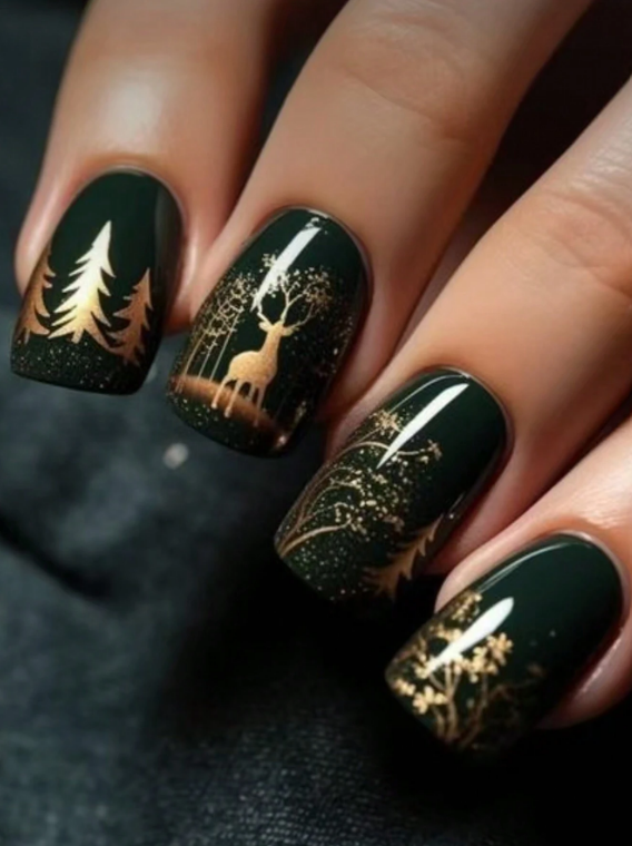 Press On Christmas Tree & Deer Detachable Short Metallic Gold Nail Art False Fake Nail Set