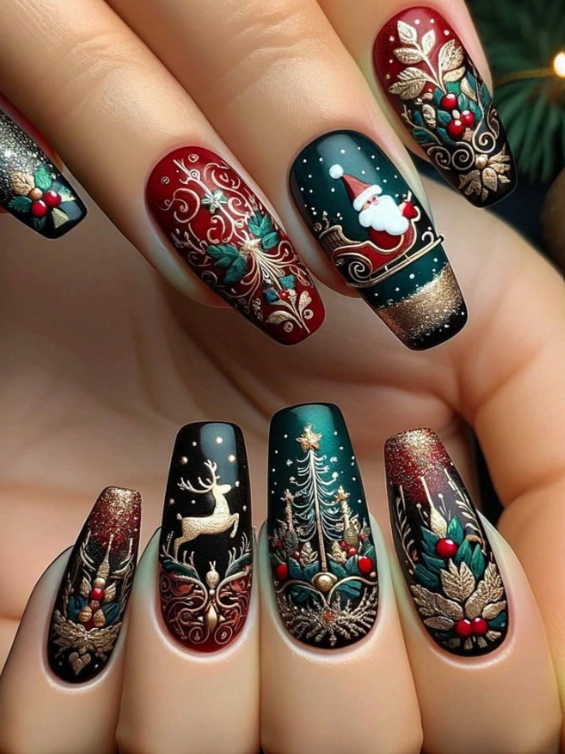 24pc/Set Ballet Style Press-On Nails with Santa Claus, Snowflake, Reindeer, Christmas Tree Designs