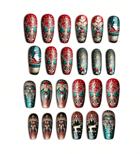 24pc/Set Ballet Style Press-On Nails with Santa Claus, Snowflake, Reindeer, Christmas Tree Designs