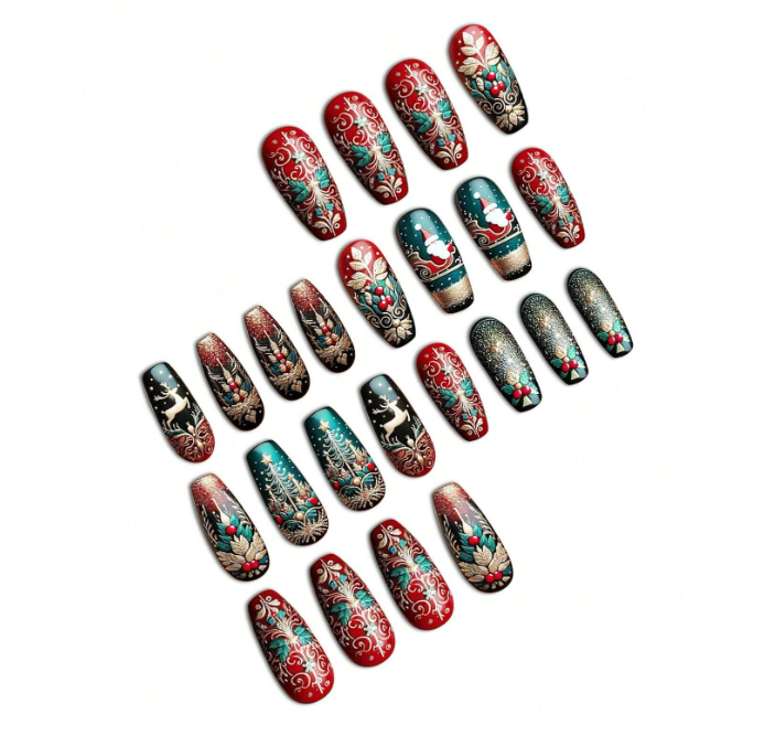 24pc/Set Ballet Style Press-On Nails with Santa Claus, Snowflake, Reindeer, Christmas Tree Designs