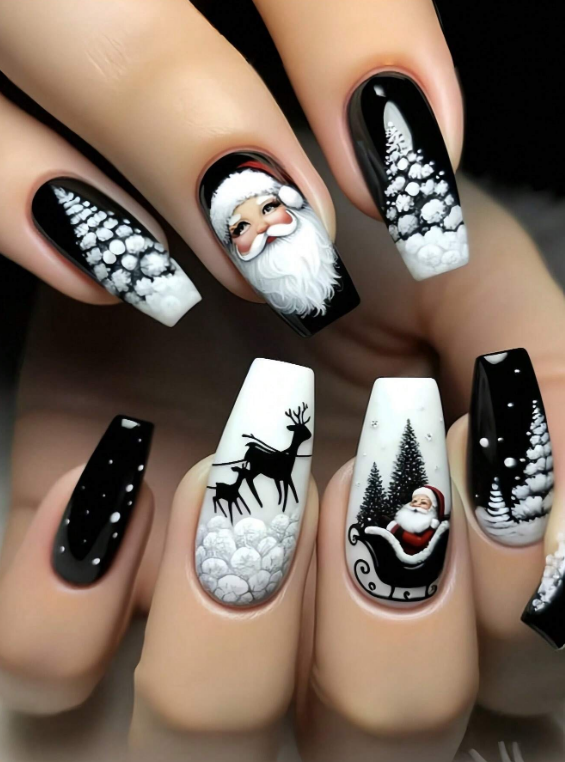 24pc/Box Christmas Nails Black Series Santa Claus, Snowflake & Reindeer Patterns Press On Nails