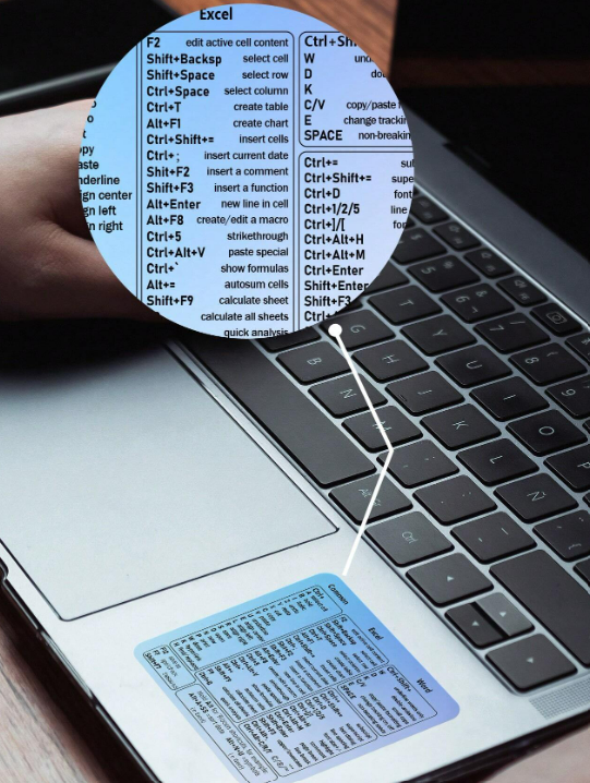 Small Keyboard Shortcut Laptop Stickers in Black, White, Multicolor, or Blue